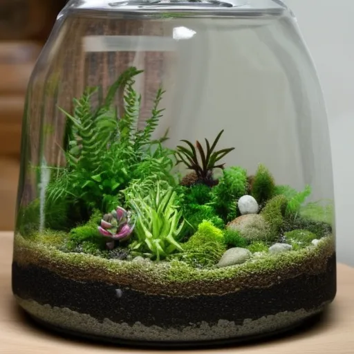 

Une photo d'un terrarium à poser rempli de plantes vertes et de pierres naturelles, avec une petite fontaine à l'intérieur. Le terrarium est placé